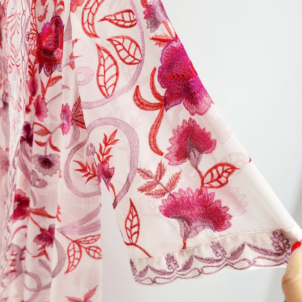 Soft Surroundings Pink Floral Embroidered Sheer Duster Cardigan Kimono XL Resort - Picture 2 of 8